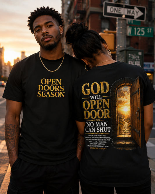 Open Doors Season Christian Streetwear T-Shirt | Revelation 3:8 NKJV Faith Short Sleeved Tee
